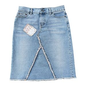 Y2K Nautica Denim Patchwork Medium Wash Fringed Jean Midi Skirt Size 4